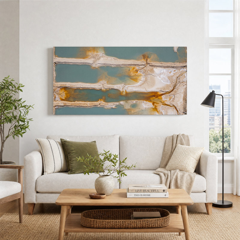 Tableau sur toile représentant des étangs salés aux eaux turquoise et aux taches de rouille, L 40 po x H 20 po