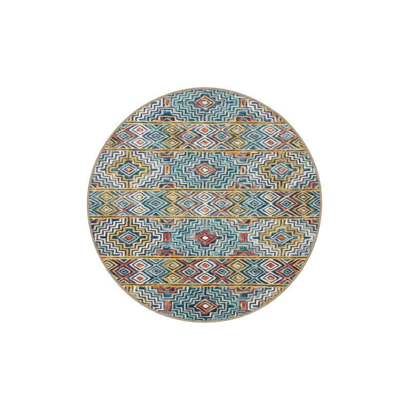 Tapis bleu tissé à motif géométrique à carreaux lavable à la machine, Sous-tapis rond 3 pi 3 po inclus