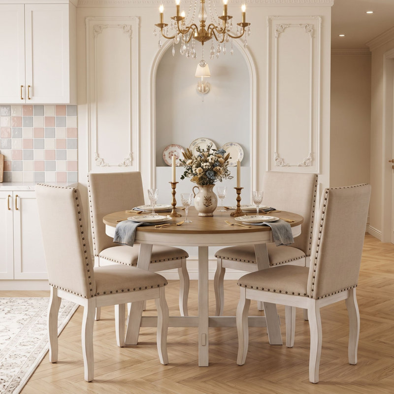 Ensemble de table de salle à manger extensible Farmhouse, Chêne bois naturel blanc antique