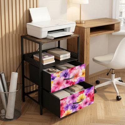 Nightstand with Charging Station, 2 Drawer Bedside Table with USB Ports and Outlets, Open Shelf, Black Night Stand for Bedroom Living Room Watercolor Floral Pink Purple Yellow Flowers Print