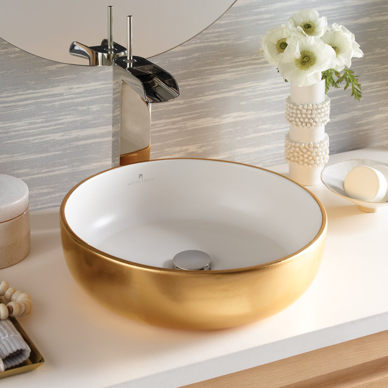 Bliss 16" Round Fireclay Vessel Bathroom Sink, Matte Gold/White
