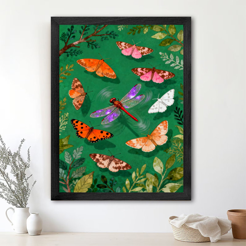 Art encadré noir, plusieurs papillons et une libellule habitent entre des plantes, impressions encadrées de style rétro