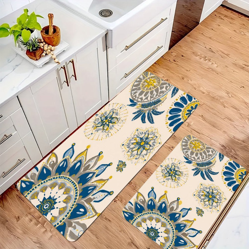 Tapis de cuisine antidérapant bleu / bleu Mandala, 2 pièces