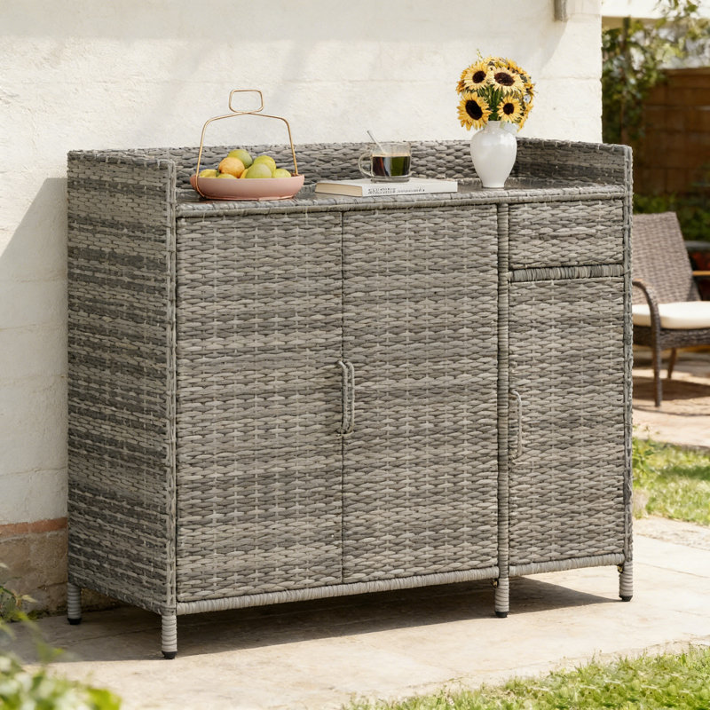 47.5" W All-Weather Wicker Outdoor Storage Cabinet & Buffet Server with Tempered Glass Top, Adjustable Shelves and Drawer