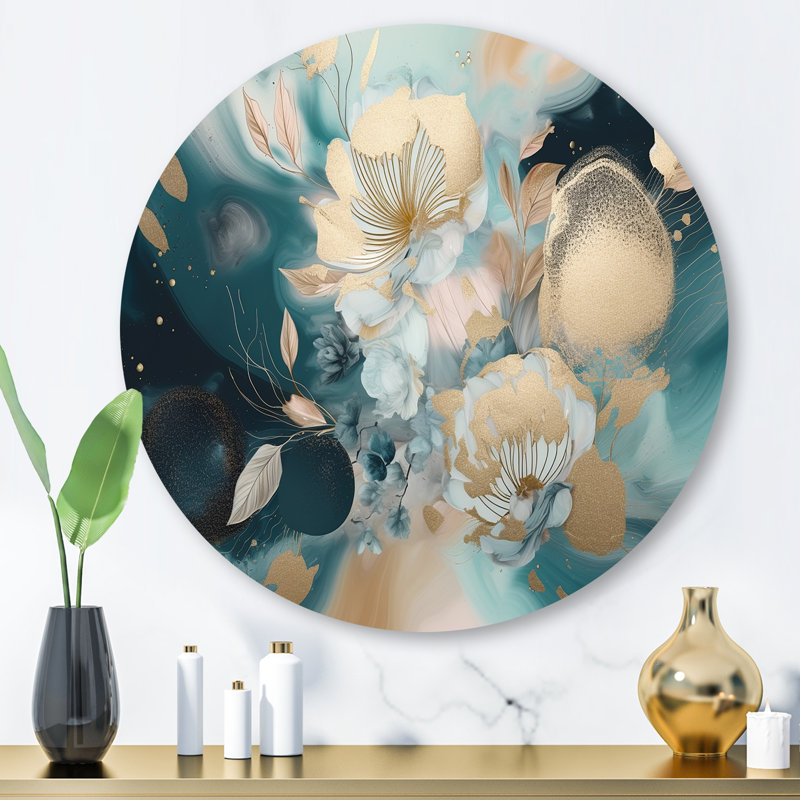 Blue And Gold Exploring Floral Forms IV - Abstract Floral Round Wall Art on Metal, 16" H x 16" W x 1" D