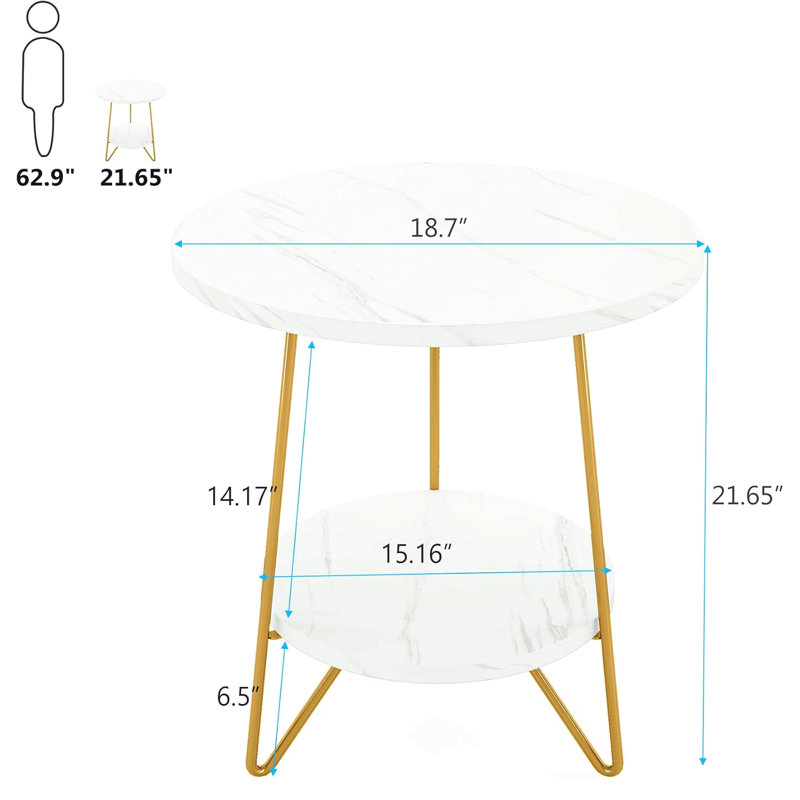 Table de bout ronde 18,7 po en faux marbre, table d'appoint ronde blanche et dorée à 2 niveaux, petite table de chevet moderne