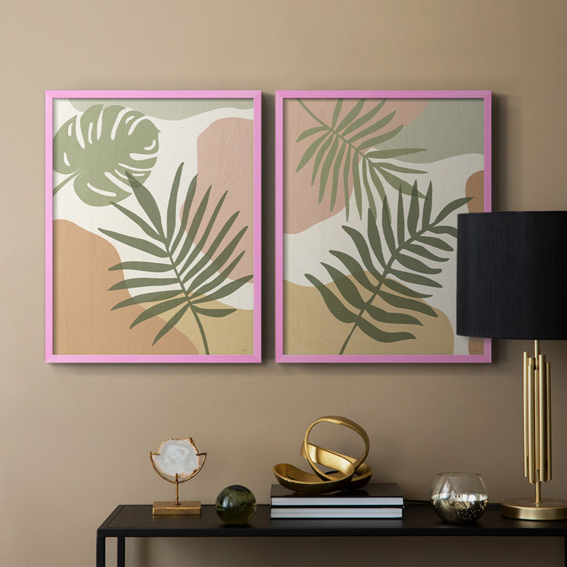 Impression encadrée Mid-Century Palm I-Premium - prête à être accrochée - aucun clou requis - aucun clou requis, Rose