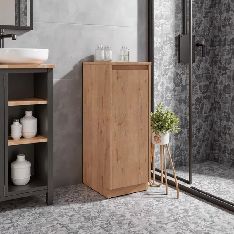 Armoire de rangement de salle de bain 12 po avec porte à fermeture en douceur, contreplaqué de chêne imitation moderne, conception compacte pour la salle de bain, la chambre à coucher et le bureau