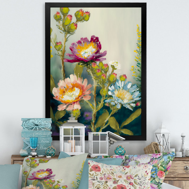 «Painted Blossoming Wildflowers IV», art floral sur toile Bouquet floral, Cadre photo noir, H 32 po x l 16 po x P 1 po
