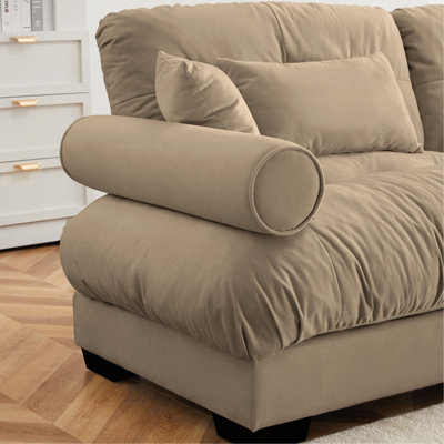 Large Size Modern Two-Seater Sofa With Bolstered Armrests,Velvet 2-Seater Sofa With Waist Pillows And Throw Pillows , Suitable For Living Room , Loft, Working Spaces , Hallway And Bedroom,Camel