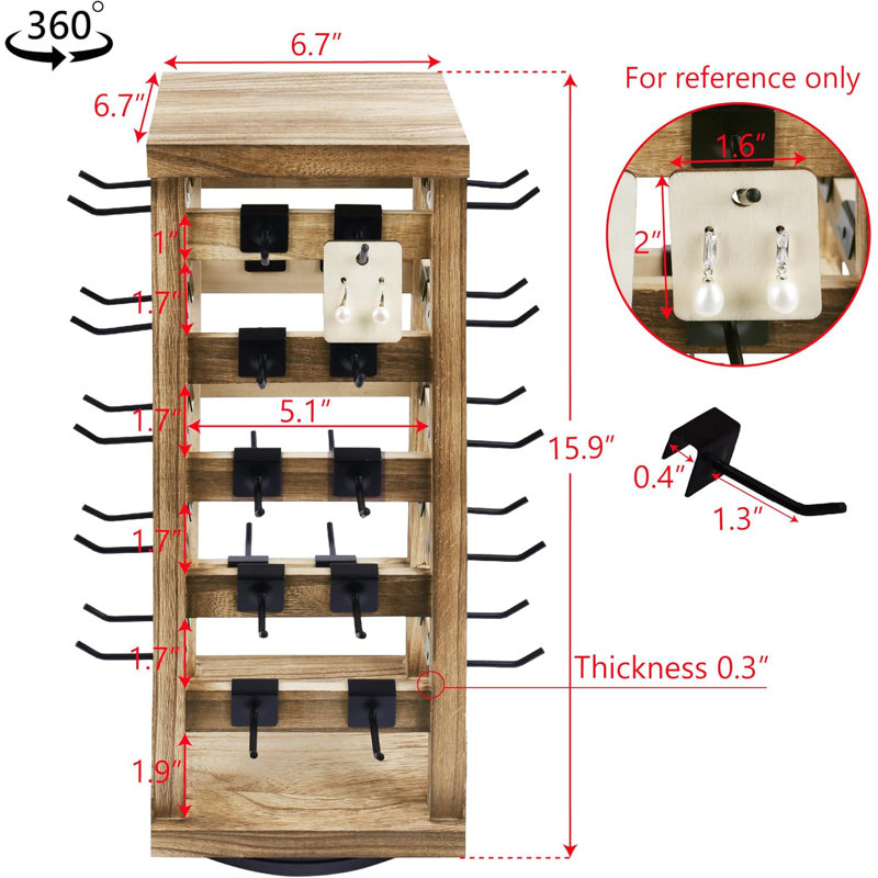 Natural Oak Rotating Jewelry Tower with Black Hooks
