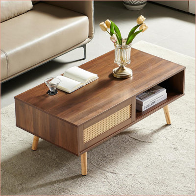 Table basse en rotin blanc avec pieds en bois massif Porte de rangement coulissante pour le salon
