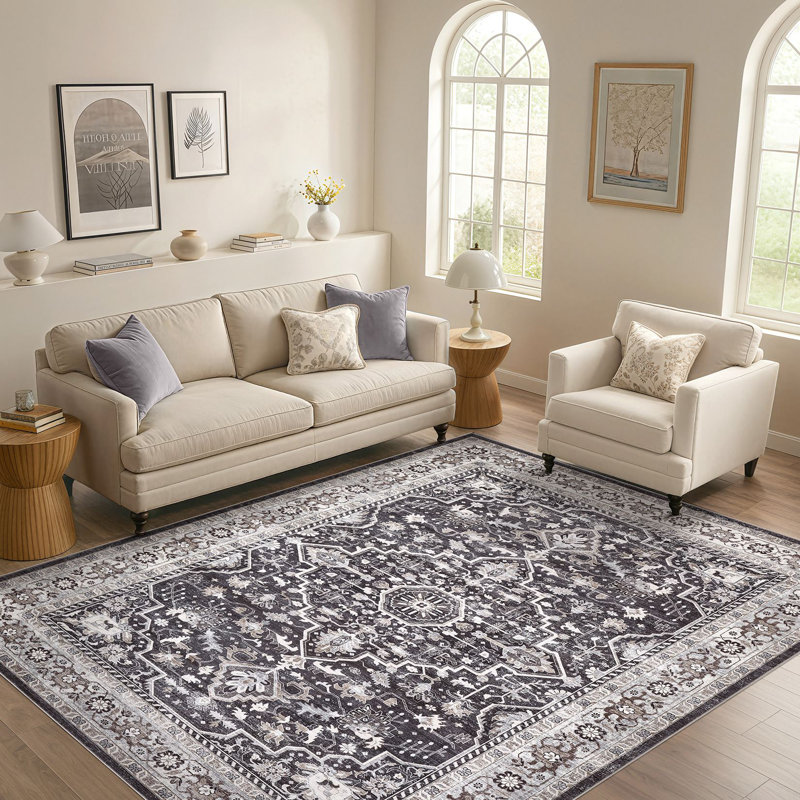 Tapis oriental lavable AasenBoho, Noir, Rectangulaire 8 pi x 10 pi