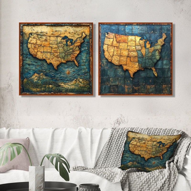Vintage 19 Century Us Map I - Art mural carte des États-Unis - Art mural moderne sur toile 2 pièces, H 36 po x l 73 po, Brown