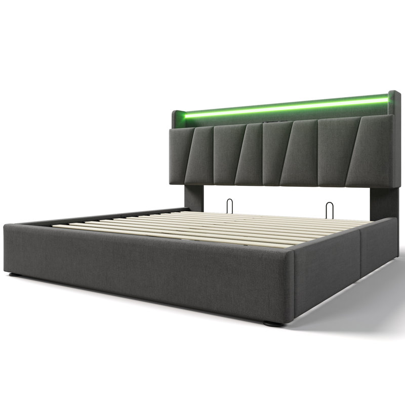 Upholstered Double Bed With Usb And Led , Kingsize (5')