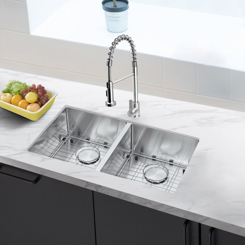 32" L Undermount 50/50 Double Bowl Kitchen Sink and Pull-down Faucet Combo with Drain Assembly with Strainer, Protective Bottom Grid, All in One