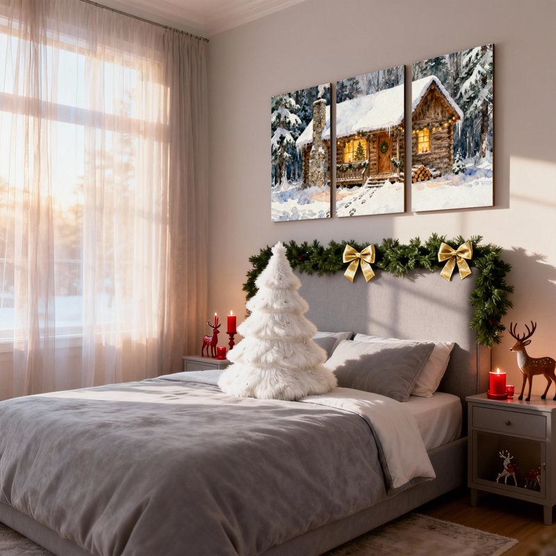 «Christmas Winter Cabin Snowy Forest Christmas Lights», ensemble de 3 impressions sur toile