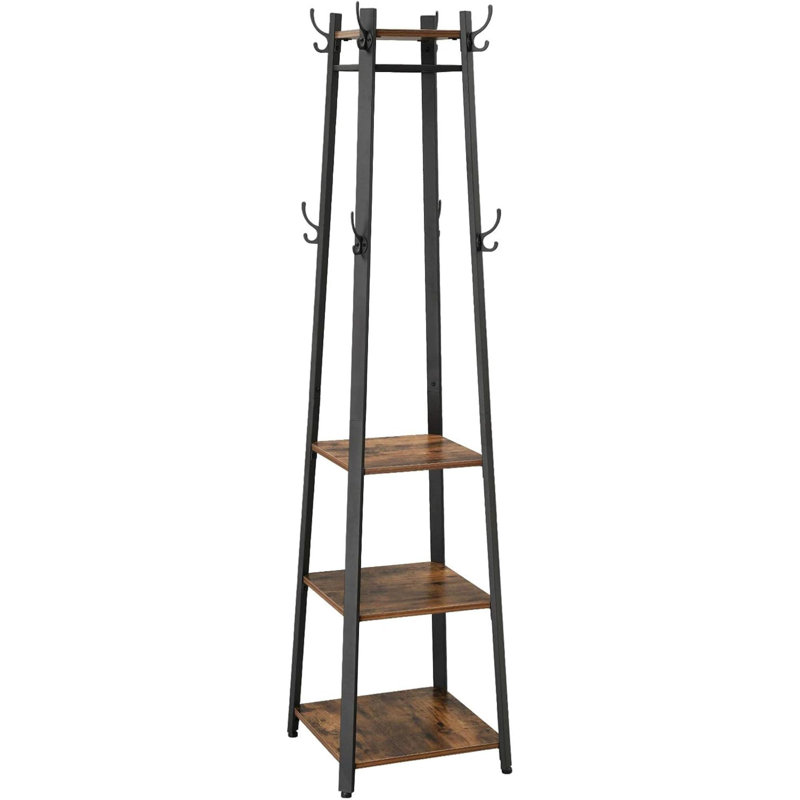 Coat Rack, Coat Stand With 3 Shelves, Hall Tree Free Standing With Hooks For Scarves, Bags, Umbrellas, Steel Frame, Industrial Style, For Entryway, Living Room, Rustic Brown And Black ULCR80X