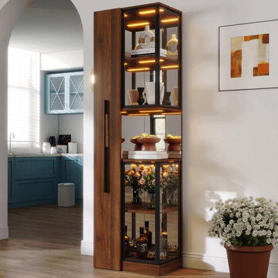 Armoire de rangement en bois 70 po avec portes et lumières en verre - Tablette de rangement coulissante multi-fonctionnelle