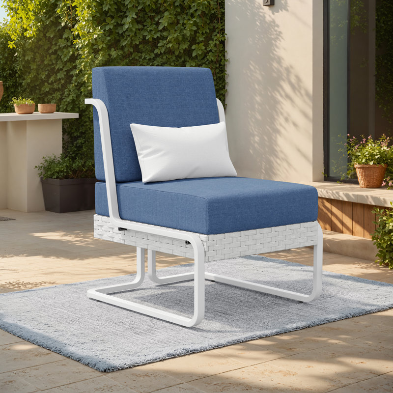 Patio Aluminum & Wicker Lounge Chair With Cushions  & Pillow, Blue, White