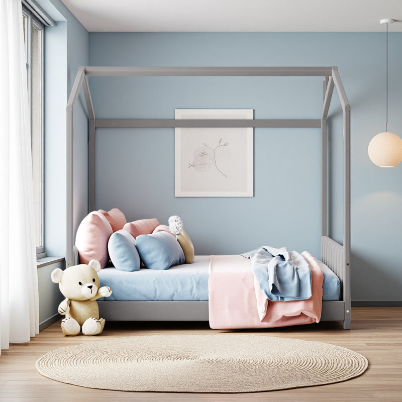Velvet House Bed Wood Bed, Gray, Full