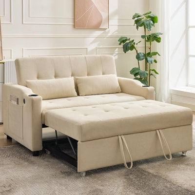 Canapé-lit convertible 3 en 1 avec lit escamotable, futon en velours côtelé avec dossier réglable, port de chargement et poche latérale pour le salon ou la chambre d'amis