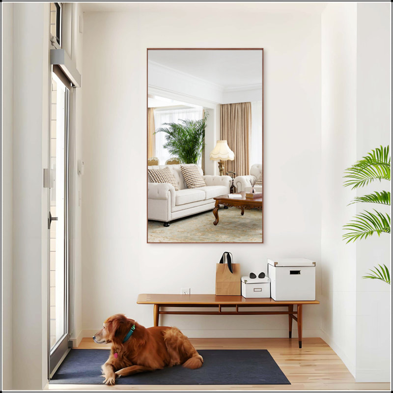 Oversized Modern Rectangle Bathroom Mirror With Walnut And Aluminum Frame, Perfect For Clear Reflections And Versatile Mounting Options