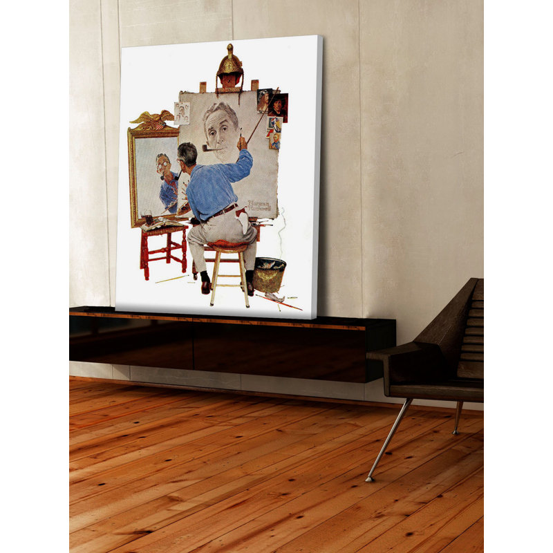 « triple self portrait » par norman rockwell, reproduction d’art sur toile tendue, H 36 po x l 30 po