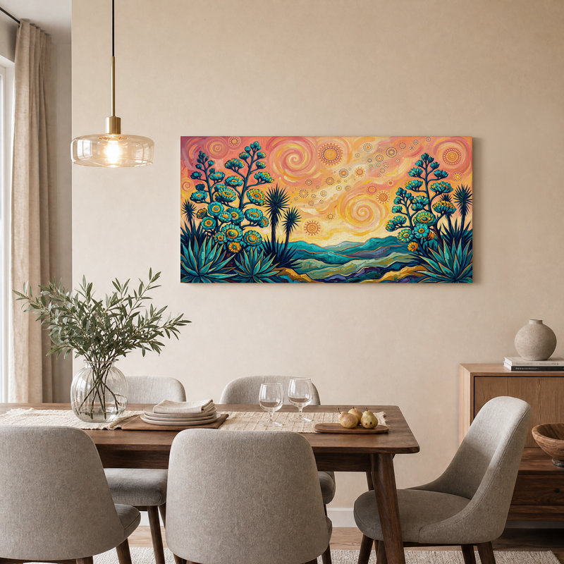 Tableau sur toile représentant un paysage désertique avec des agaves turquoise et un ciel orange tourbillonnant