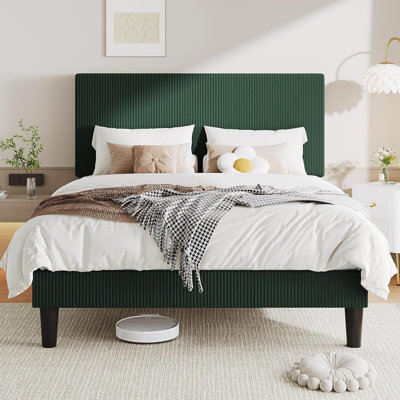 Queen Size Upholstered Bed Frame With Vertical Channel Tufted Headboard, Soft Corduroy Fabric Platform Bed, Strong Wooden Slats Support, Easy Assembly, No Box Spring Needed, Dark Green