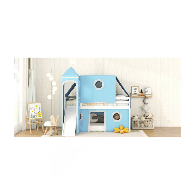 Lit mezzanine simple avec glissoire, tente et tour - bleu, Lit simple, Blue