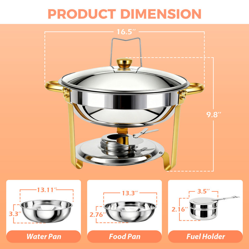 Plats de réchaud ronds pour ensemble de 4 buffets, ensembles de réchaud 6QT et réchauds à buffet avec 4 pinces, réchauds dorés pour les rassemblements de fêtes