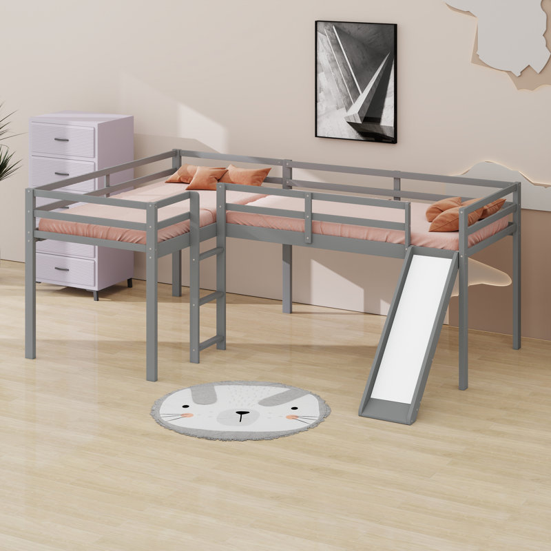 Space-Saving Designed L-Shaped Loft Bed With Ladder And Slide, Grey