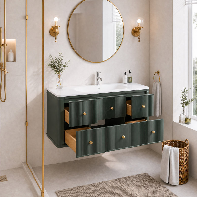 Meuble-lavabo flottant vert pré-assemblé avec lavabo en acrylique et structure en bois massif, 48"