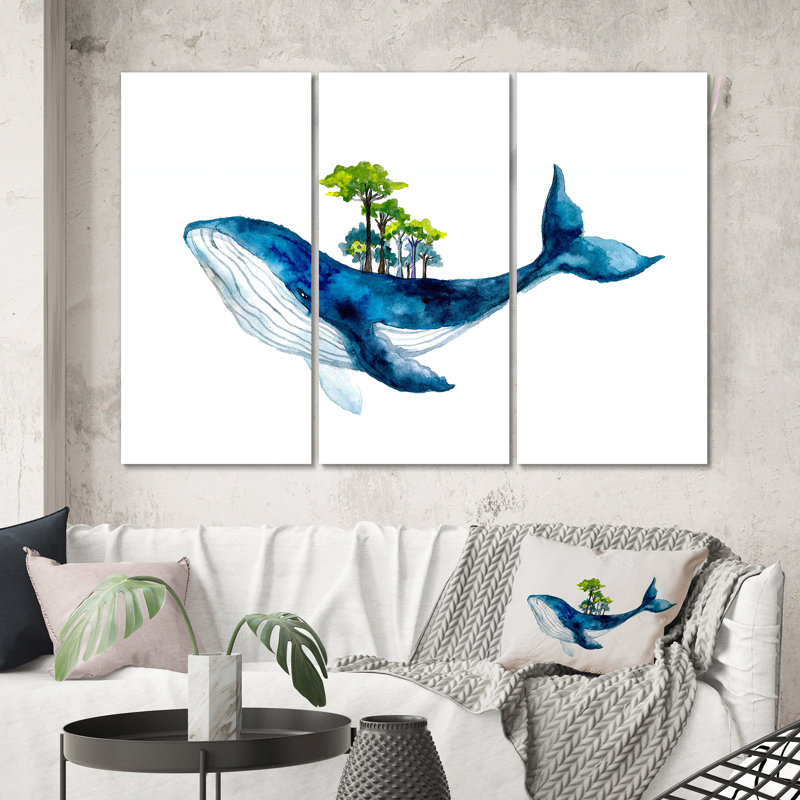 «Blue Sperm Whale On White III», reproduction d'art sur toile traditionnelle, H 40 po x l 60 po x P 1 po
