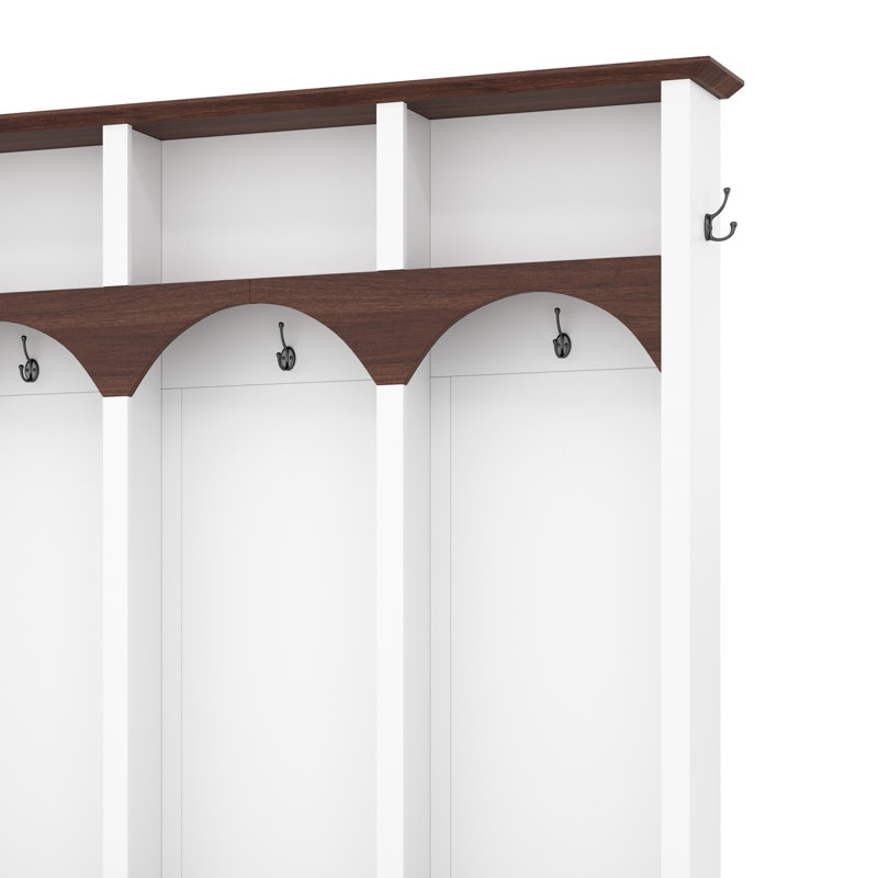 Arbre d'entrée de style campagnard en bois avec design arqué, banc de rangement pratique en noyer avec 5 crochets noirs, armoire à chaussures minimaliste 4-en-1 avec 7 casiers pour vestibule, salon, blanc