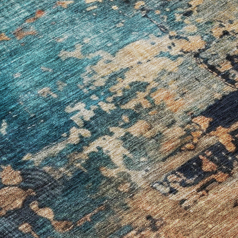 Teal and Brown Abstract Washable Synthetic Area Rug 3' x 5'