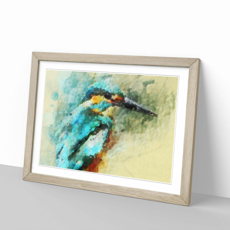 Kingfisher Illustration in Abstract - Picture Frame Painting Print, Oak, 60cm H x 91cm W x 2cm D