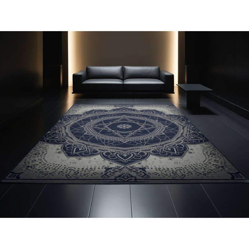 Machine Washable Wynsum Global Inspired Geometric Shapes Rug in Gray – Navy Binding, 8x12