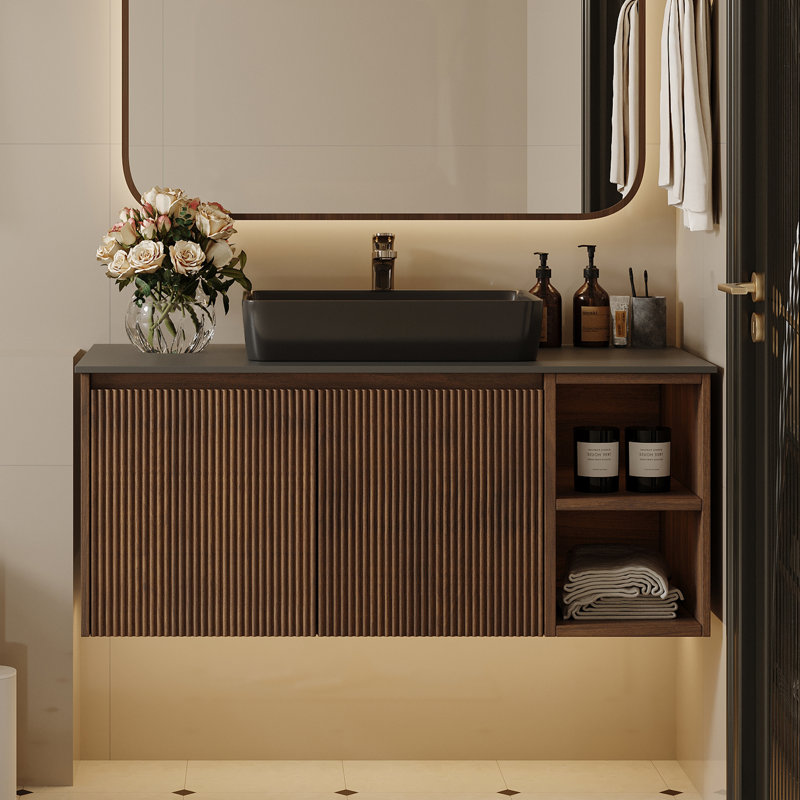Meuble-lavabo simple avec comptoir en pierre frittée Dexheart, Bois brun, 36"