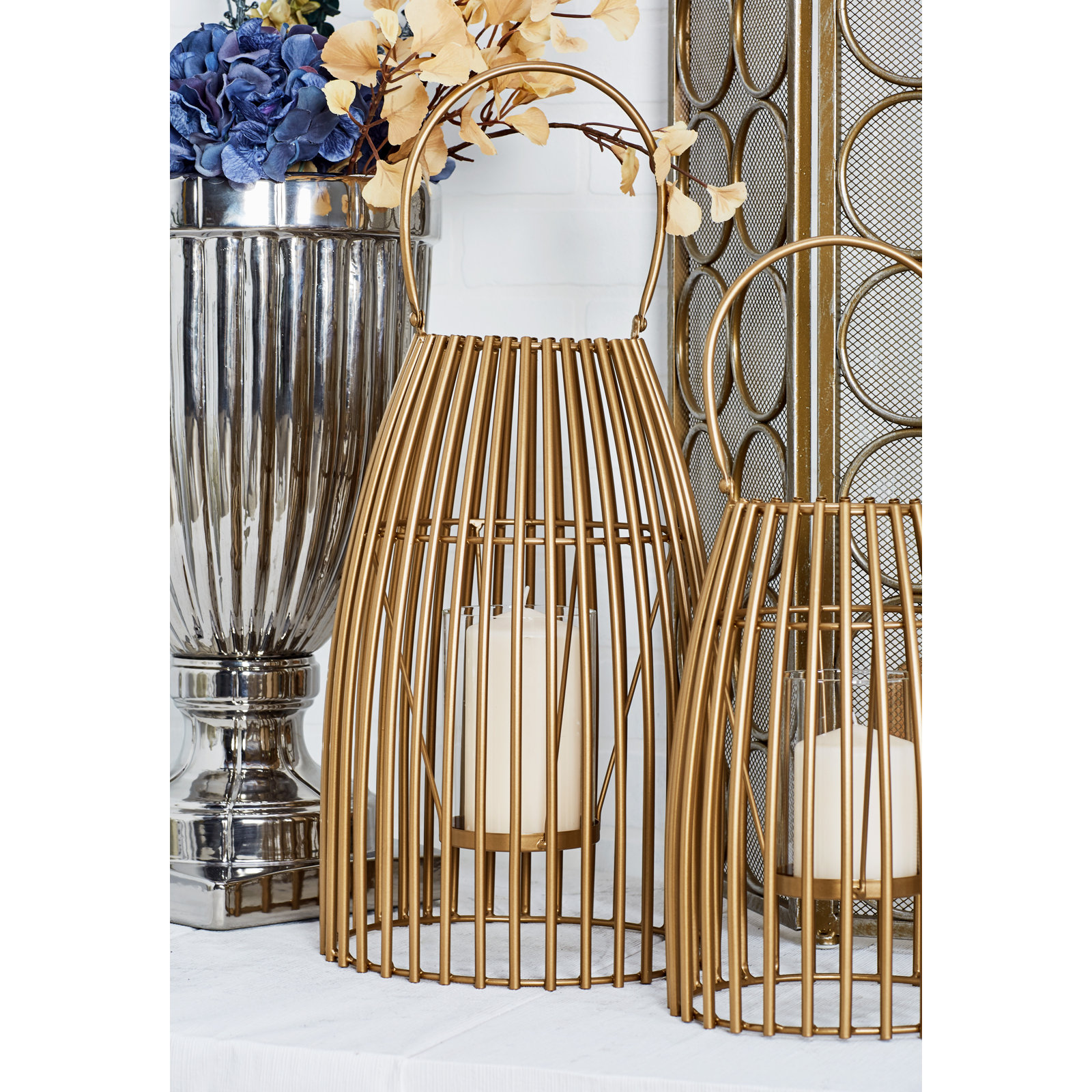 Metal Decorative Indoor Outdoor Candle Lantern with Handle, Gold, 16" H x 9" W x 9" D