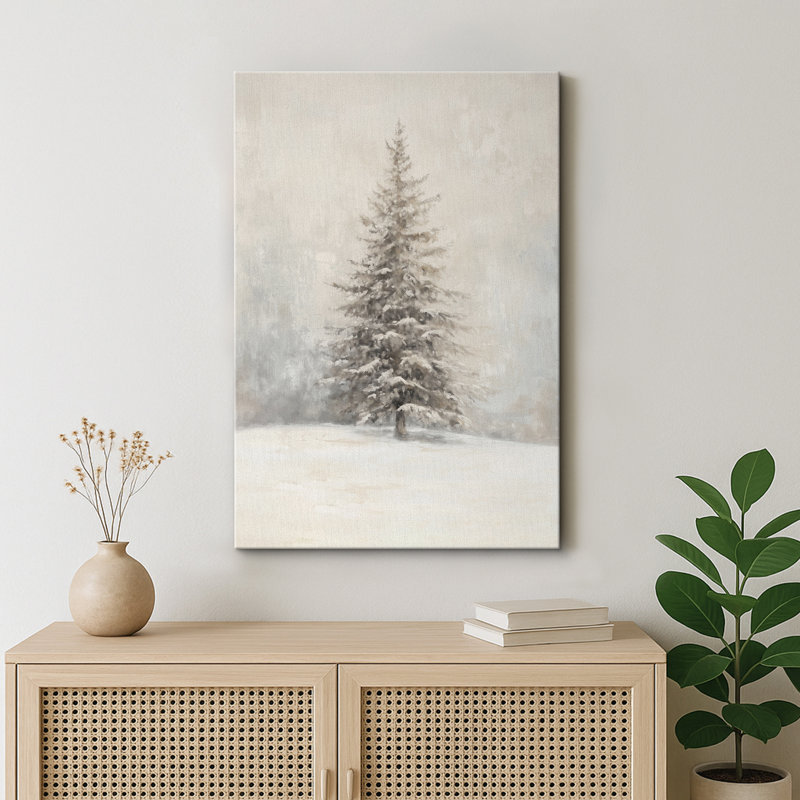 Œuvre de sapin enneigé enneigé, photos murales neutres de vacances rustiques modernes, impression sur toile encadrée