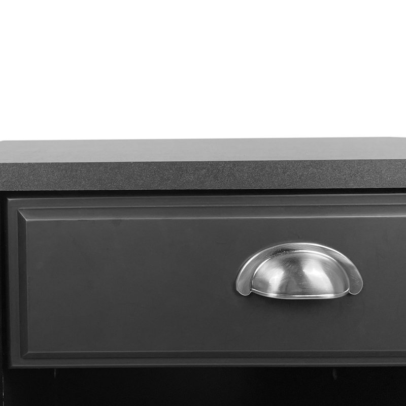 Élégante table d'appoint contemporaine en faux bois noir avec tiroir et rangement