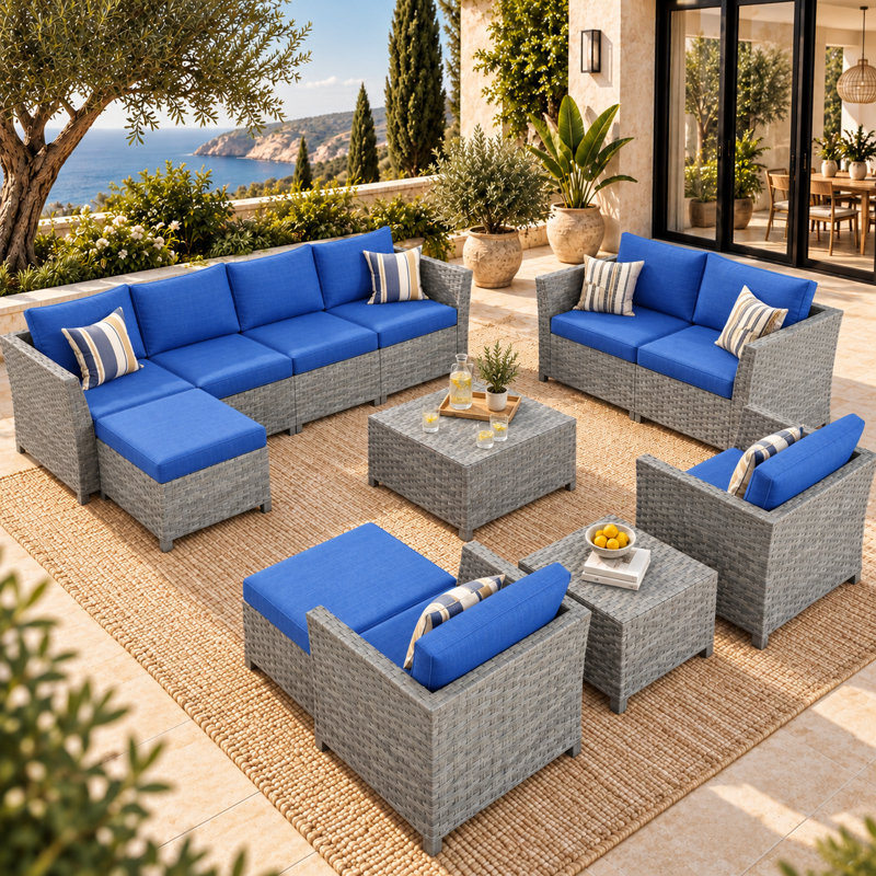 Ensemble de conversation modulaire en rotin avec coussins Paulsen, Non, Bleu marine, Gris