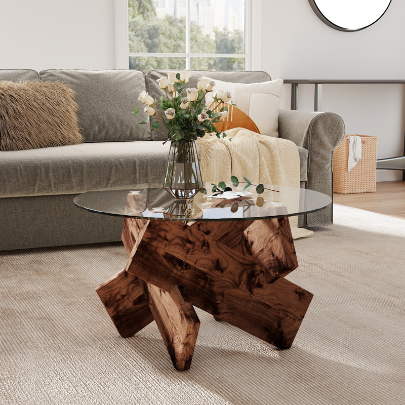 Table basse ronde en verre trempé avec pieds en panneau de fibres à densité moyenne pour le bureau de la chambre à coucher du salon
