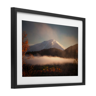 Fall Foliage & Snowy Mountain Peak Framed Print Under Glass, design by Jonathan Zaharek