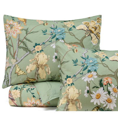 100% Cotton Reversible Floral Duvet Cover King Size - Flowers And Birds Pattern Printed Comforter Cover With Zipper Closure & 2 Pillow Shams, Comforter Sold Separately (Green Garden, 104"X90")