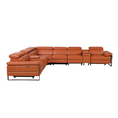 Top Grain Italian Leather 8-Piece L-Shaped Modular Power Reclining Sectional With 4 Power Recliners & Power Headrests