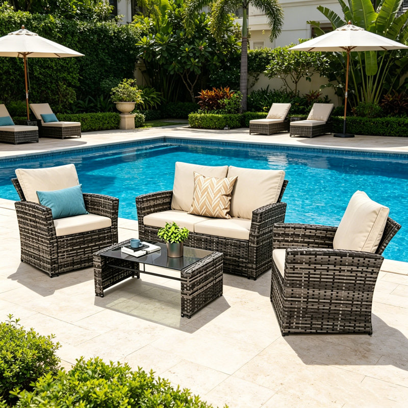 Ensemble de conversation pour patio 4 personnes avec coussins, Beige