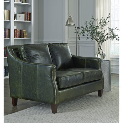 Asmunn 57” Distressed Green Top Grain Leather Sloped Arm Loveseat by Wildon Home